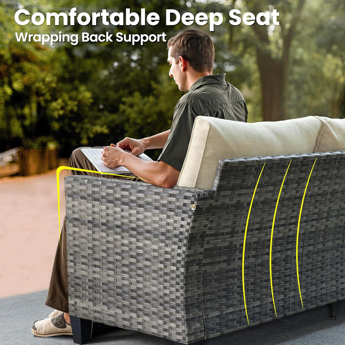 8 Pieces Patio Furniture Set, Outdoor Wicker Sofa Couch with Rocking Swivel Chairs Solar Lights Table, Modern Deep Seat Rattan Conversation Sets for Porch Deck, Beige