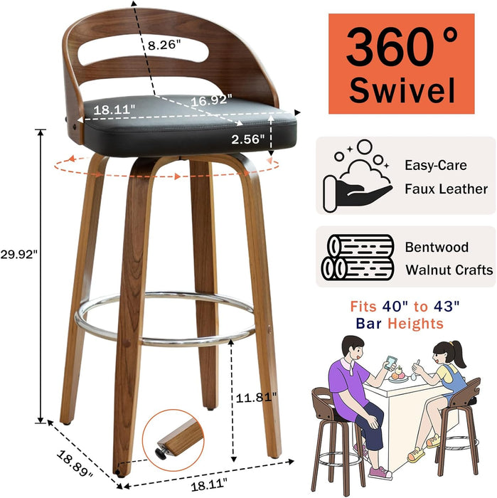 Bar Stools Set of 2, Swivel Bar Stools with Walnut Craftsmanship, Bentwood Curved Back, Upholstered Faux Leather, Soft Cushion Seat, Mid Century Barstools for Bar/Pub/Cafe (Black, 30" Seat Height)