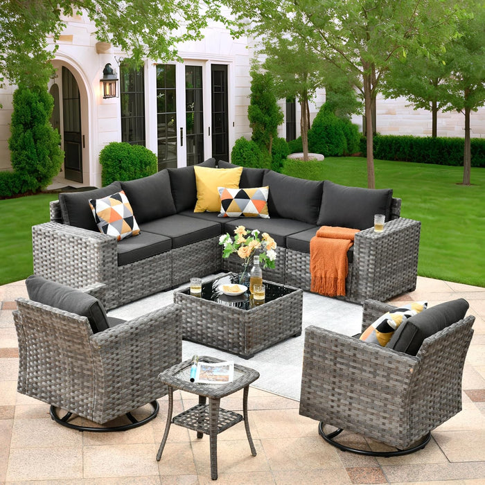 9 Pieces Patio Furniture Set, Outdoor Wicker Sectional Sofa with 2 Swivel Chairs Coffee Table, Modern Modular Deep Seat Rattan Couch Conversation Sets, Black