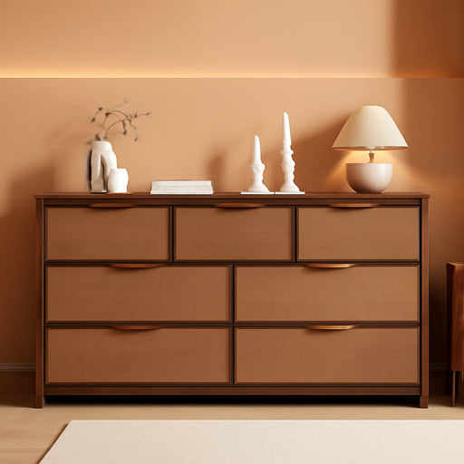Rattan 7 Drawer Dresser for Bedroom,55" Wide,Walnut,Modern Chest of Drawers with 7 Large Storage Space and Curved Edge Design, 7 Drawer Large Dresser for Bedroom