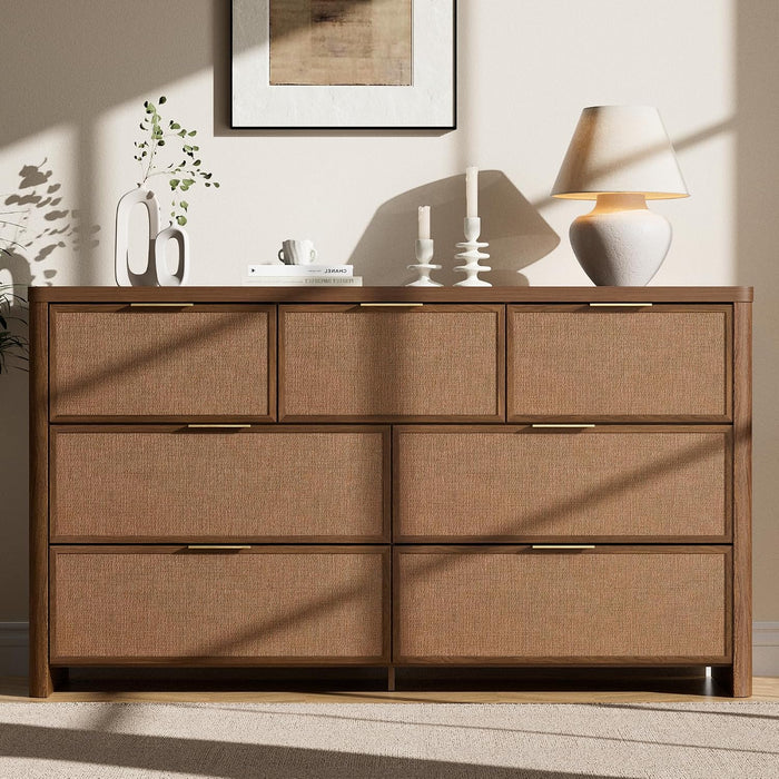 Rattan 7 Drawer Dresser for Bedroom,55" Wide,Walnut,Modern Chest of Drawers with 7 Large Storage Space and Curved Edge Design, 7 Drawer Large Dresser for Bedroom