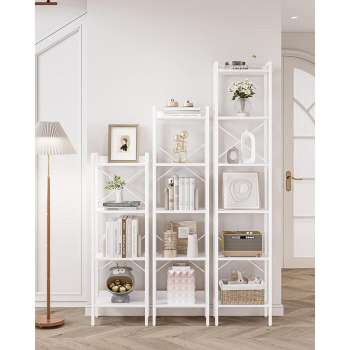 Bookshelf, Book Shelf, Industrial Bookcase with 2 Hooks, Coner Shelf Storage Organizer for Home Office, Living Room, Bedroom, Kitchen, 6-Tier White BC10713W