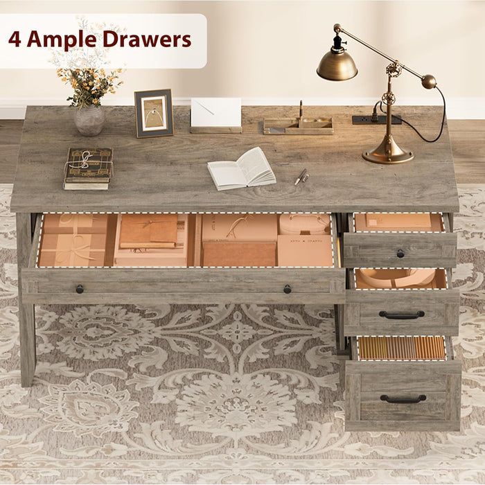 53.5" Farmhouse Computer Desk with Charging Station, Rustic Black Home Office Executive Desk, Wooden Workstation with File Cabinet Storage Drawers for Writing & Study, Rustic Gray