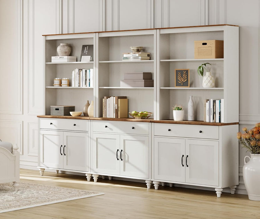 5 Tier Bookshelf 72" Tall Bookcase with Barn Doors, Large Farmhouse Display Book Shelf with 3 Drawers and Storage Cabinet, 3-In-1 Library Wood Bookshelves for Living Room or Kitchen, White