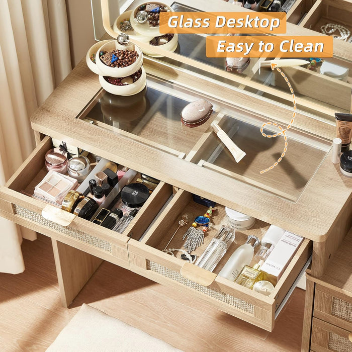 Rattan Vanity Desk with Mirror and Lights, 43.5'' Boho Makeup Vanity with 6 Drawers and Adjustable Shelves, Natural Wood Make up Vanity Dressing Table with Glass Top, Power Outlet for Bedroom