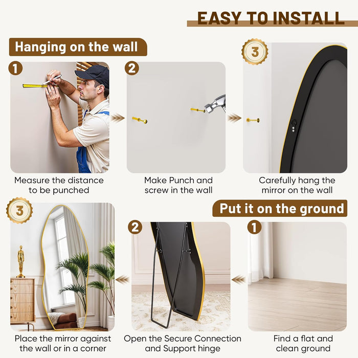 Full Length Mirror, 68"X26" Floor Mirror with Stand, Standing Hanging Leaning Irregular Mirrors for Bedroom Living Room Entryway, Wavy Shaped, Golden