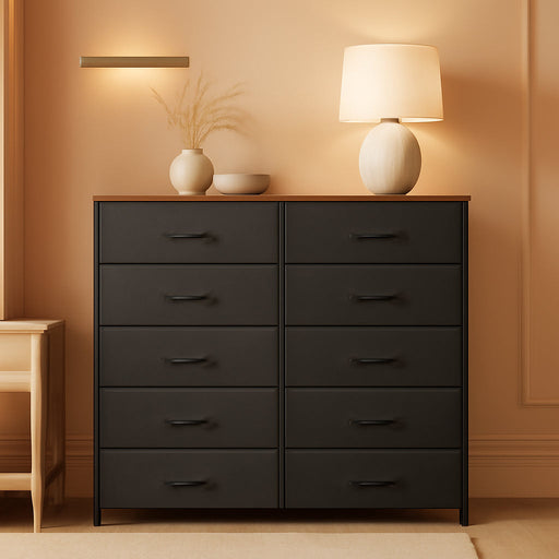 Dresser for Bedroom with 10 Drawers, Chest of Drawers, Storage Drawers Organizer Unit, Black Wide Fabric Dresser with Fabric Bins for Closet, Living Room, Entryway (Black and Rustic Brown)