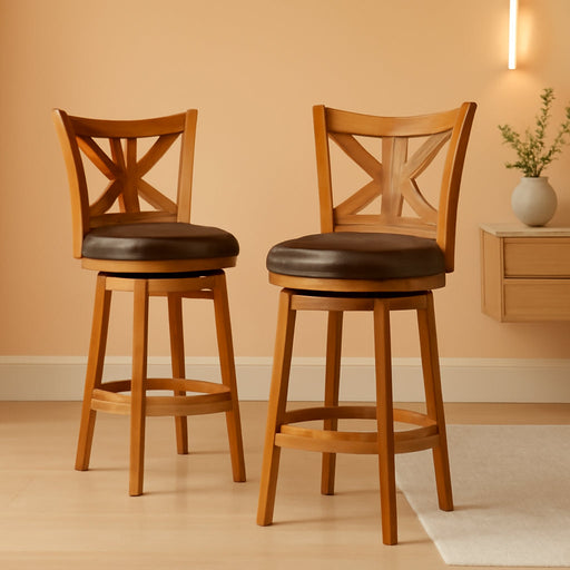 26 Inch Swivel Bar Stools Set of 2, Counter Height Bar Stools | Wooden Bar Stools, Faux Leather Kitchen Stools, Counter Height Chairs with Solid Wood Legs & Wrap-Around Footrest