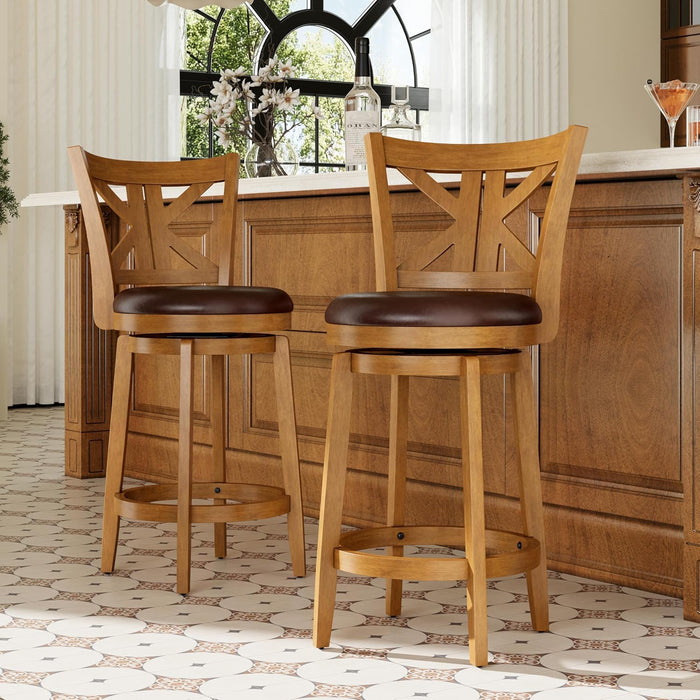 26 Inch Swivel Bar Stools Set of 2, Counter Height Bar Stools | Wooden Bar Stools, Faux Leather Kitchen Stools, Counter Height Chairs with Solid Wood Legs & Wrap-Around Footrest