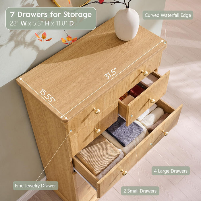 Modern 7 Drawers Dresser for Bedroom, 48" Tall Dressers，Natural Oak
