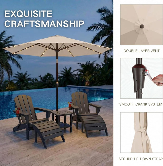 9FT Outdoor Patio Umbrella with Solar Lights, Market Table Umbrella with Push Button Tilt & Crank, 8 Sturdy Ribs, 32 LED Lights, UV Protection for Garden Lawn Deck Backyard Pool (Beige)