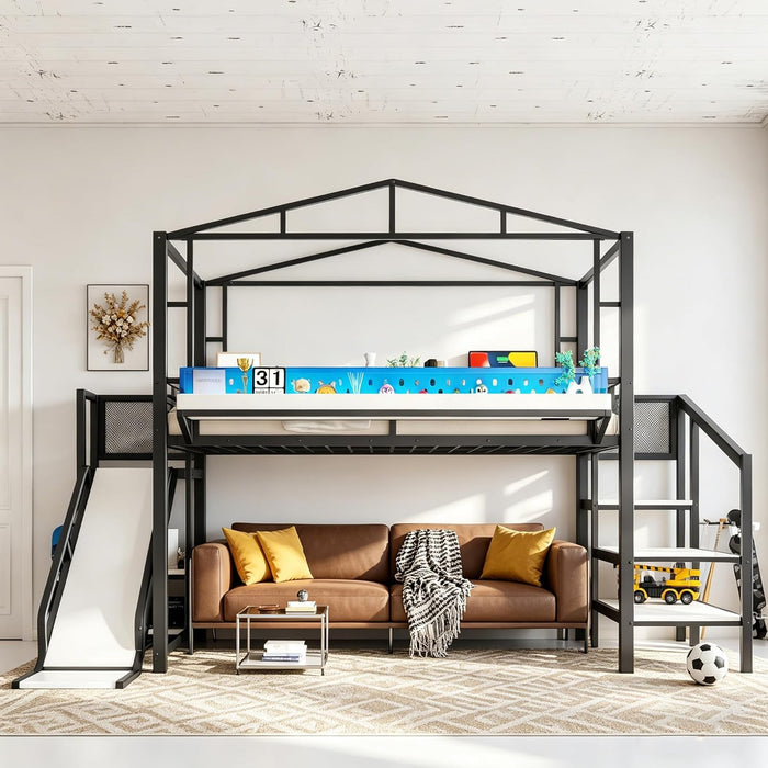 IndustrialGrade Metal Loft Bed Multicolor LED Lighting