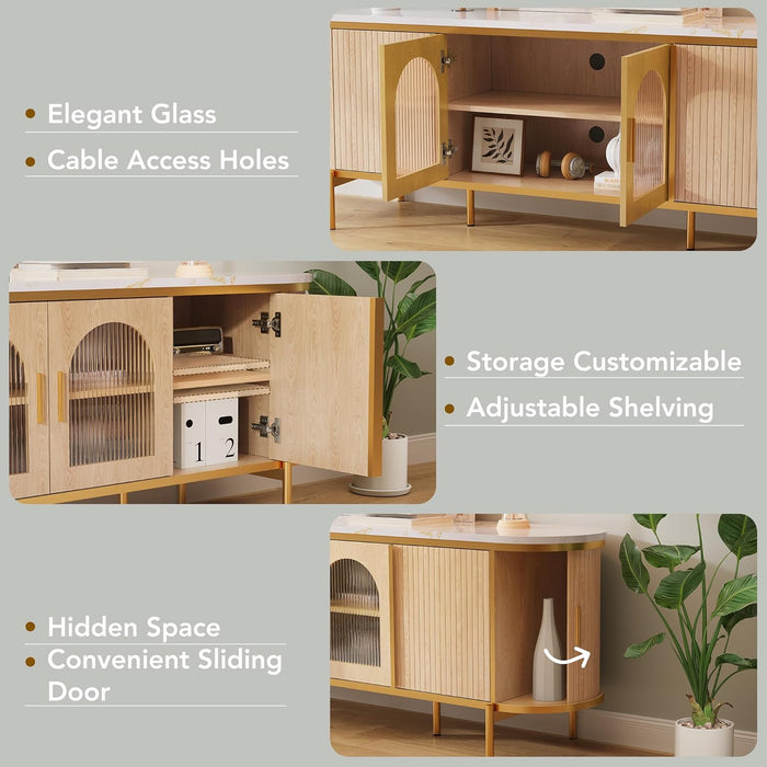 70" Modern Fluted TV Stand, Entertainment Center with Reeded Glass Door, Ajustable Shelves & Sliding Doors, TV Console with Large Storage Space, Media Console for Living Room, Oak