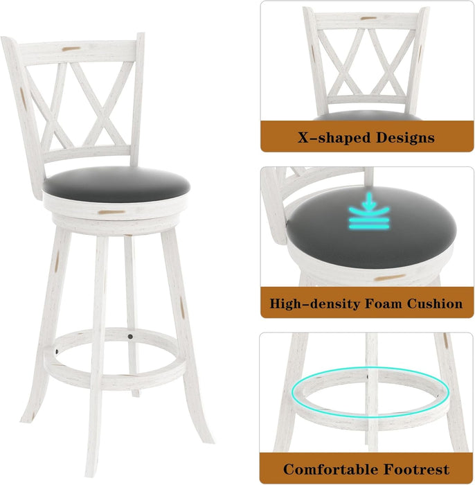 29" Bar Height Swivel Stools - High Back Swivel Barstools with Upholstered Seat & Solid Wood Footrest, Counter Bar Chairs for Kitchen Island & Pub (Antique White, Set of 2) - ShipItFurniture