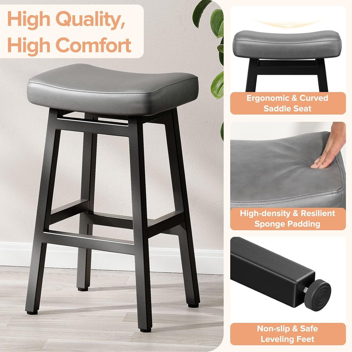 29 Inches Bar Stools Set of 2, Bar Height Barstools for Home Counter, Blackless Barstool with Bonded Leather Saddle Seats & Heavy Duty Metal Legs, Easy Assembly, All Black - ShipItFurniture
