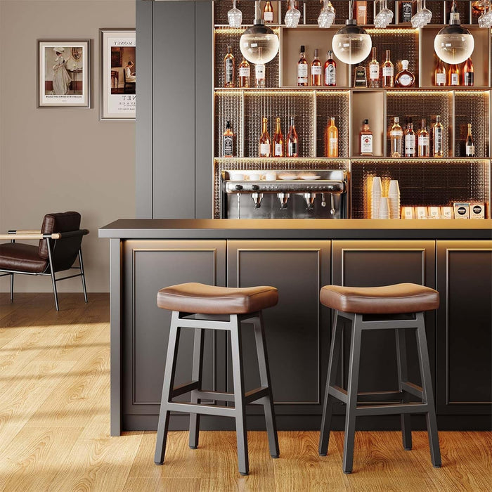 29 Inches Bar Stools Set of 2, Bar Height Barstools for Home Counter, Blackless Barstool with Bonded Leather Saddle Seats & Heavy Duty Metal Legs, Easy Assembly, All Black - ShipItFurniture