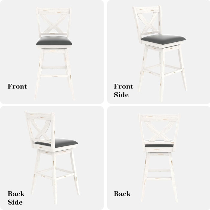 29" Swivel Bar Height Stools, High Back Swivel Bar Stools with Grey Faux Leather Upholstered Seat & Solid Wood Footrest, Counter Bar Chairs for Kitchen Island & Pub (Antique White, Set of 2) - ShipItFurniture