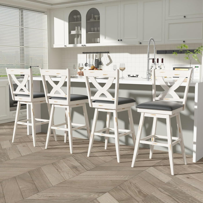 29" Swivel Bar Height Stools, High Back Swivel Bar Stools with Grey Faux Leather Upholstered Seat & Solid Wood Footrest, Counter Bar Chairs for Kitchen Island & Pub (Antique White, Set of 2) - ShipItFurniture