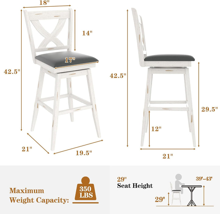 29" Swivel Bar Height Stools, High Back Swivel Bar Stools with Grey Faux Leather Upholstered Seat & Solid Wood Footrest, Counter Bar Chairs for Kitchen Island & Pub (Antique White, Set of 2) - ShipItFurniture