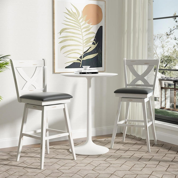 29" Swivel Bar Height Stools, High Back Swivel Bar Stools with Grey Faux Leather Upholstered Seat & Solid Wood Footrest, Counter Bar Chairs for Kitchen Island & Pub (Antique White, Set of 2) - ShipItFurniture