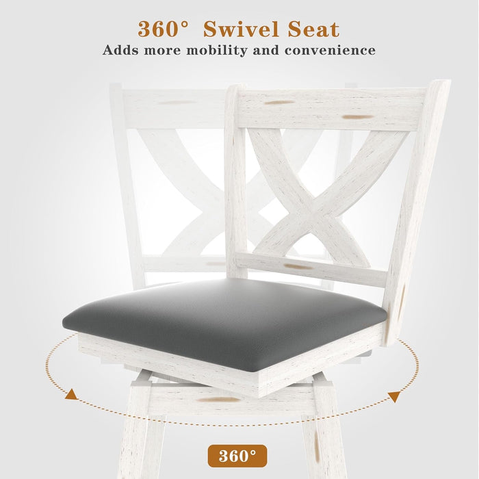 29" Swivel Bar Height Stools, High Back Swivel Bar Stools with Grey Faux Leather Upholstered Seat & Solid Wood Footrest, Counter Bar Chairs for Kitchen Island & Pub (Antique White, Set of 2) - ShipItFurniture