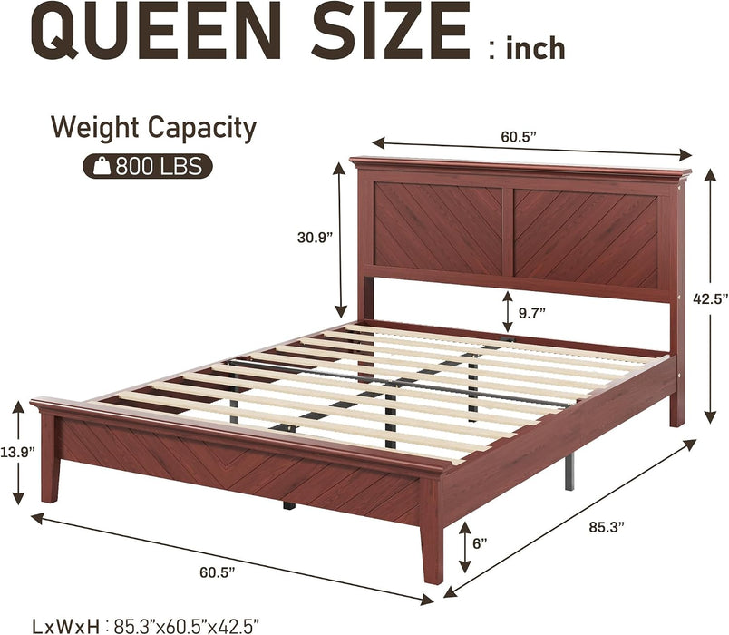 Solid Acacia Wood Queen Bed Frame with Headboard Cherry Finish