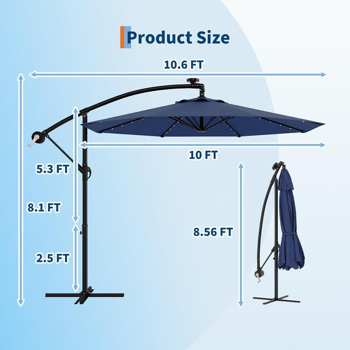 10FT Solar Lights Offset Patio Umbrella with Cross Base, Cantilever Umbrella with Easy Lift & Tilt Adjustment, 8 Ribs Sun Umbrella UV Protection for Backyard, Pool, Garden