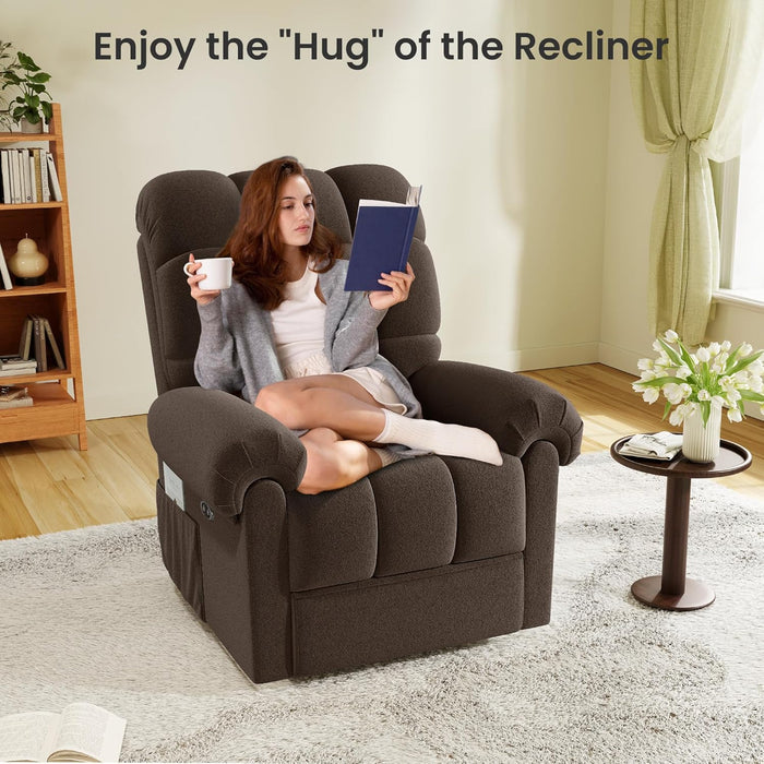 2024 New Power Recliner Chair for Adults, Adjustable Electric Chair Power Reclining Sofa, USB Port, Ultra-Comfy Teddy Fleece Recliner for Living Room, Tool-Less Assembly Single Sofa, Coffee