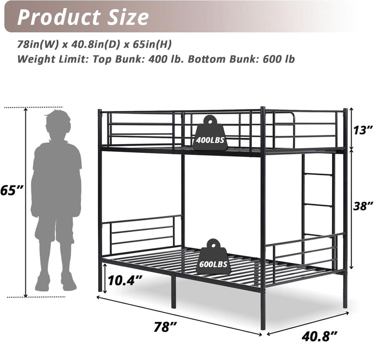 Black Bunk Bed Twin over Twin, Metal Bunk Bed with Built-In Ladder and Safety Guardrail, Space-Saving Twin Bunk Beds for Kids, Teens & Adults, No Box Spring