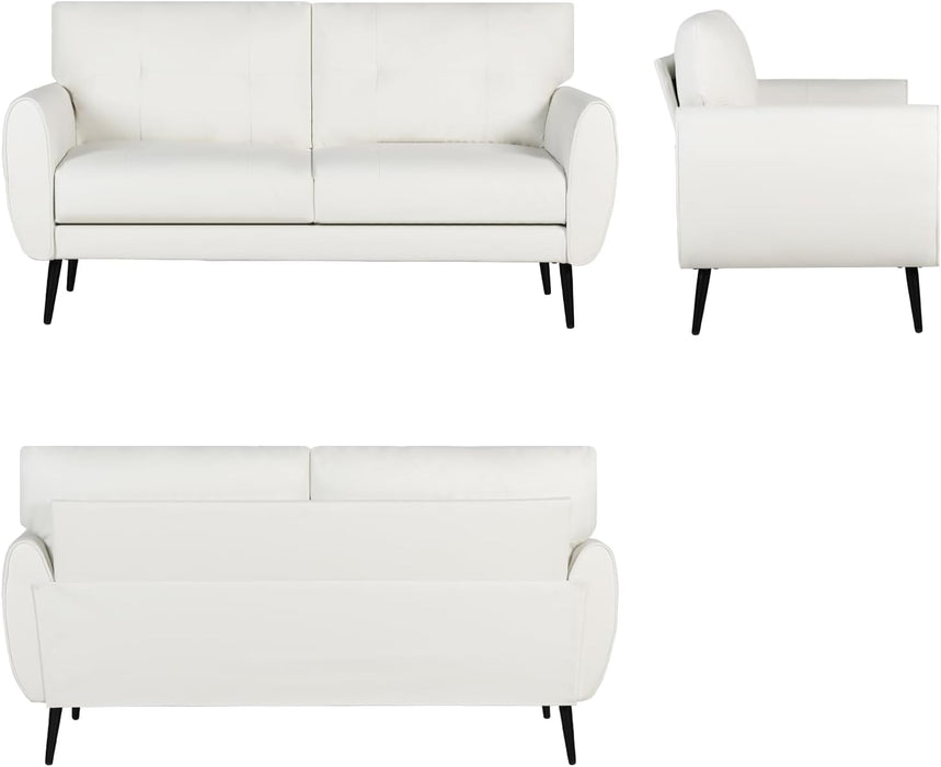 White Leather Loveseat: Mid-Century Modern, Button-Tufted