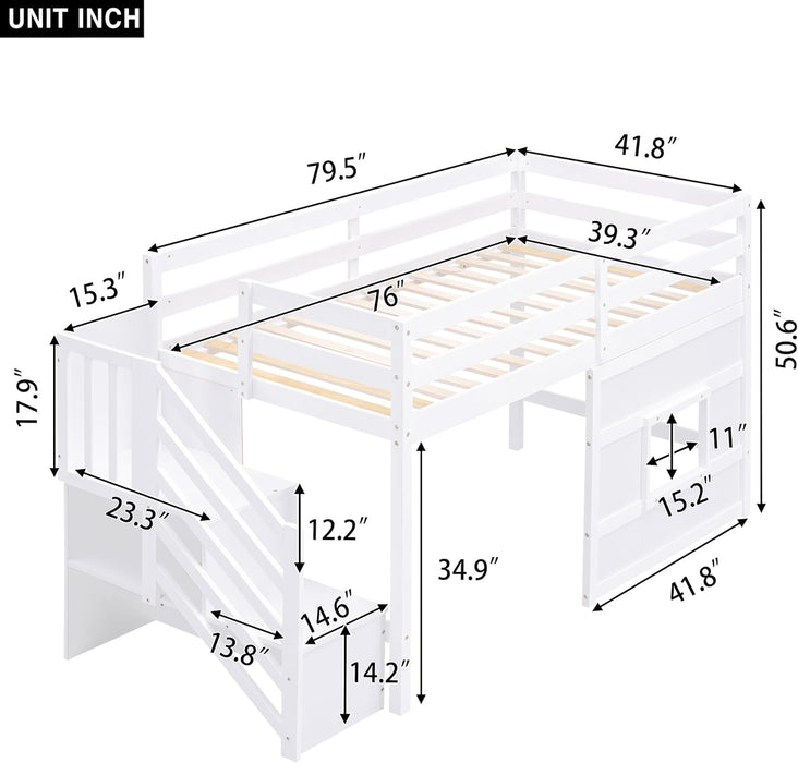 Low Loft Bed with Stairs, Twin Size Storage Loft Bed Frame with Staircase and Window, Wood Kids Loft Bed with Steps for Boys Girls Teens, White