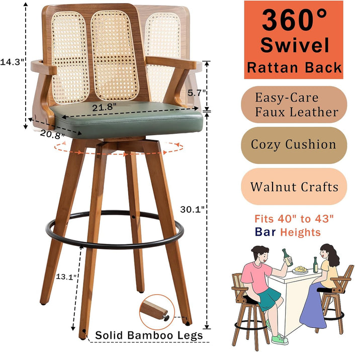 Mid Century Bar Stools, Rattan Swivel Bar Stools with Walnut Finish | Walnut Bentwood Frame, Rattan Back, Upholstered Seat, Curved Arms, Bamboo Legs, Kitchen Barstools for Bar, Pub, Island, Cafe
