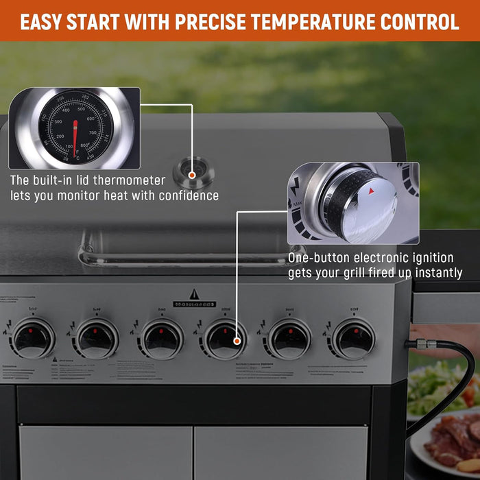 6 Burner Propane Gas Grill, 60,000 BTU Outdoor BBQ Grill with Cast Iron Cooking Grates, Stainless Steel Warming Rack, Built-In Thermometer, Electronic Ignition, Side Shelves, Storage Cabinet