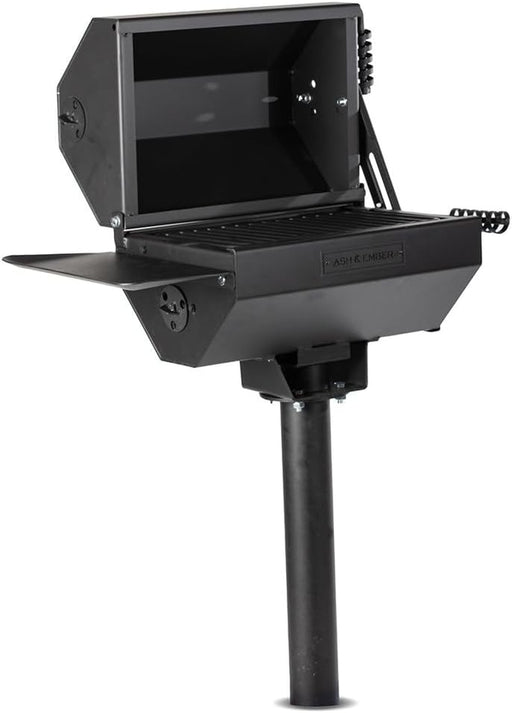 Ash & Ember Park-Style Grill/Smoker, 260 Sq in Charcoal Grill with Cover, 17.5"X11.5" Grate, Side Shelf for Food Prep, Single Post Permanent Park-Style Grill for Outdoor Backyard BBQ