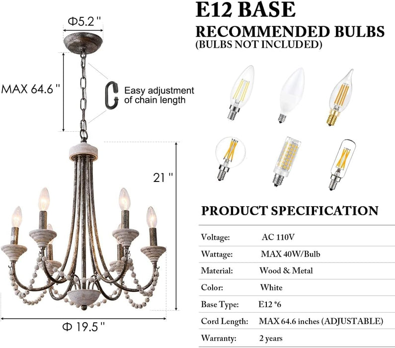 French Country Chandelier 20 Inch Whitewashed Wood