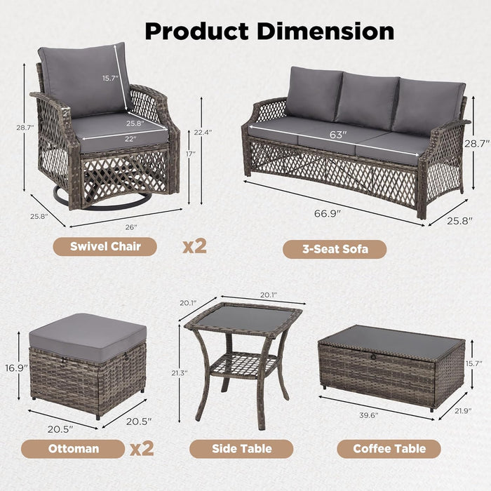 7 Piece Patio Furniture Set, Wicker Outdoor Conversation Set with Swivel Chairs, 2 Ottomans, Storage Coffee Table, Rattan Outdoor Sectional Sofa for Deck Backyard Porch （7 Seats, Gray）