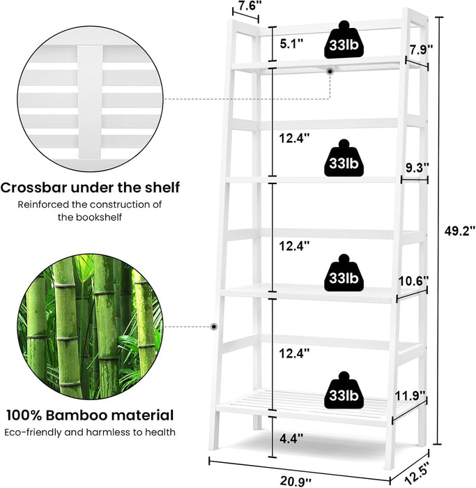 Ladder Shelf, 4-Tier Bamboo Ladder Bookshelf, 49.2” White Book Shelf, Open Bookcase Freestanding Plant Stand for Small Space, Bathroom, Living Room, Bedroom, Home Office