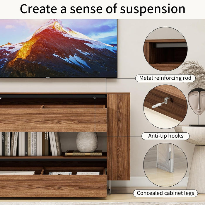 TV Stand for 55 Inch with 2 Large Drawers & Hidden Storage Cabinets, Modern Farmhouse Entertainment Center Television Stands for Living Room Bedroom, Walnut