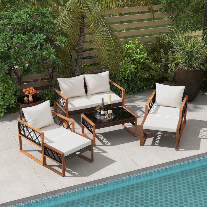 7 Pieces Patio Furniture Conversation Set, Wicker Acacia Wood Outdoor Cushioned Chairs Set with Ottomans, and 2 Tables, for Garden, Deck and Backyard