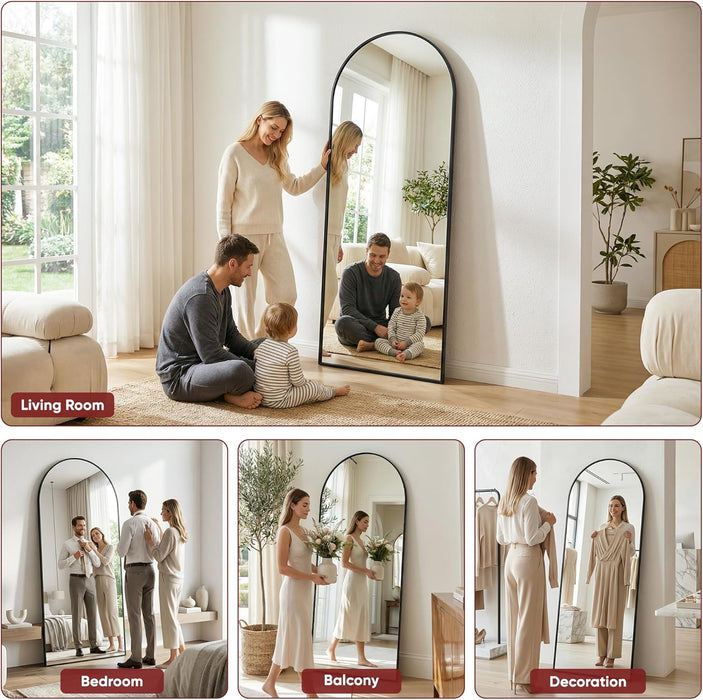 Full Length Floor Mirror Arched Standing Mirror with Aluminum Frame - Freestanding Wall Mount Leaning Body Mirror for Bedroom Living Room Entryway, 71" L X 28" W, Black