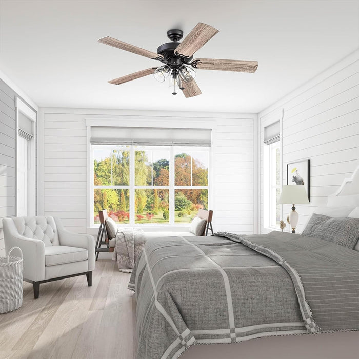 Saybrook 52 Inch Farmhouse LED Indoor Ceiling Fan with Light, Pull Chain Control, 5 Dual Finish Blades, Reversible Motor, Bronze