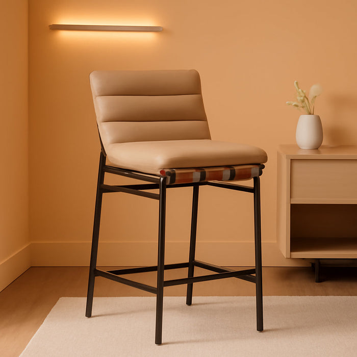 813Tan-C Burke Collection Modern | Contemporary Counter Stool with Soft Tan Vegan Leather, Tan Vegan Leather Straps, Matte Black Metal Frame, 18" W X 24" D X 37.5" H, Tan