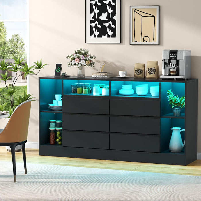 6 Drawers Dresser with 6 Open Storage Cubbies, LED Dressers & Chests of Drawers with Power Outlet, 55" Wide Long Dresser for Bedroom, Modern TV Stand with Open Shelf (Black)