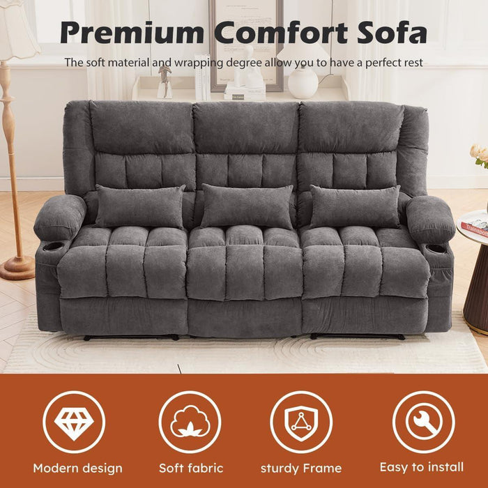 Reclining Sofa with Cup Holders for Living Room 3 Seat Manual Sofa Recliner with Side Pocket