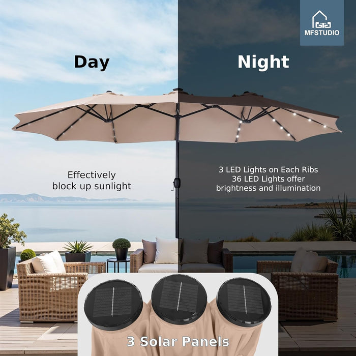 15Ft Patio Umbrella with Solar Lights & Base, Double-Sided, Beige