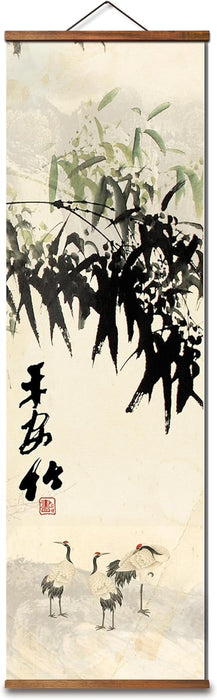 Chinese Freehand Bamboo Forest Artwork, Pine Cranes Wall Art Scroll Paintings, Set of 4, Black Walnut