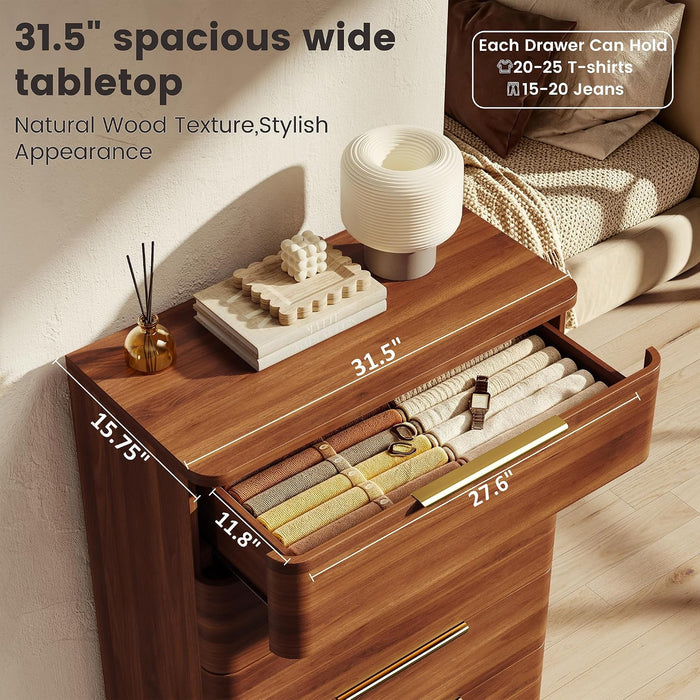 5 Drawer Dresser for Bedroom, 45" Tall Modern Chest of Drawers with Metal Handle, Curved Profile Design, Wooden Closet with Large Drawers Dressers Organizer for Entryway Hallway