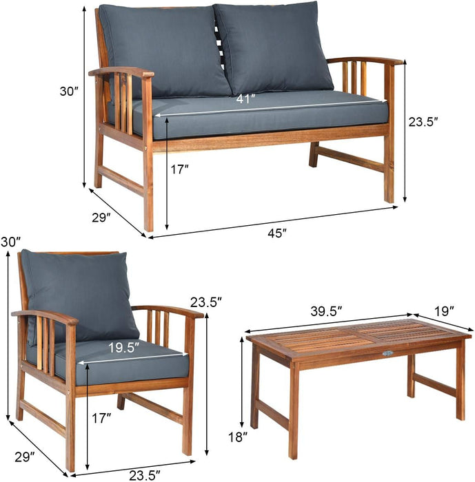 4 Pieces Acacia Wood Patio Furniture Set, Outdoor Seating Chat Set with Gray Cushions & Back Pillow, Conversation Set with Coffee Table, Ideal for Garden, Backyard, Poolside