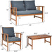 4 Pieces Acacia Wood Patio Furniture Set, Outdoor Seating Chat Set with Gray Cushions & Back Pillow, Conversation Set with Coffee Table, Ideal for Garden, Backyard, Poolside