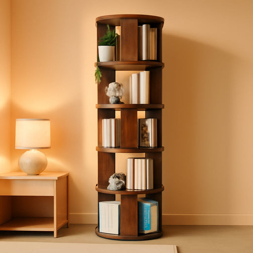 5 Tier Rotating Bookshelf Tower, 360° Display round Bookcase, Floor Standing Corner Revolving Bookshelf Organizer Storage Rack for Home Study Office, Walnut